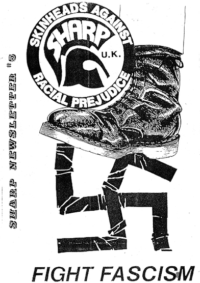 A newsletter cover from S.H.A.R.P. showing a Doc Marten boot stomping a swastika.