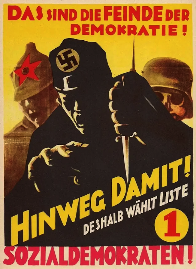 German election poster from 1932 depicting a Stalinist, fascist, and monarchist as enemies of democracy.